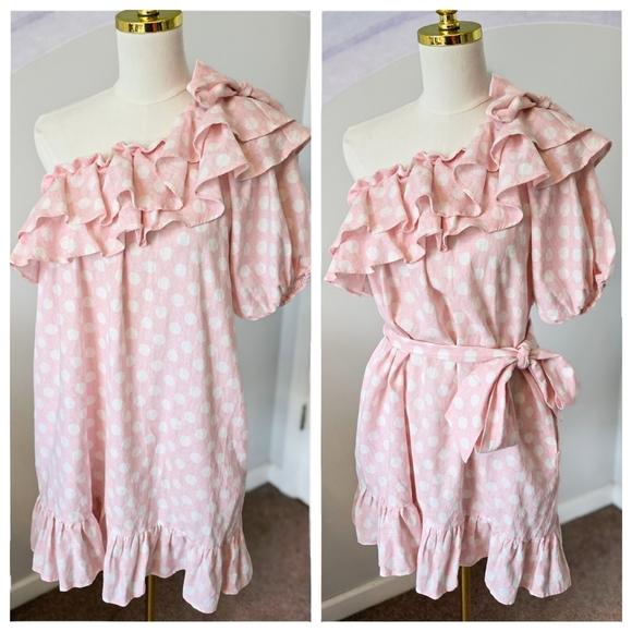 Lisa Marie Fernandez Dresses & Skirts - Lisa Marie Fernandez | Medium | Pink & White Polka Dot One Shoulder Ruffle Dress